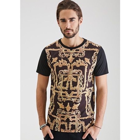 MEN’S BLACK AND GOLD BAROQUE PRINT T-SHIRT SZ XXL - Picture 1 of 5